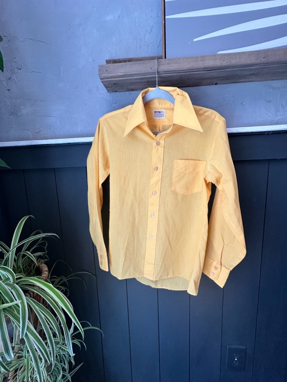 Vintage Unisex Classic Long-Sleeve Button-Up Shirt Yellow Butterfly Collar sz 18